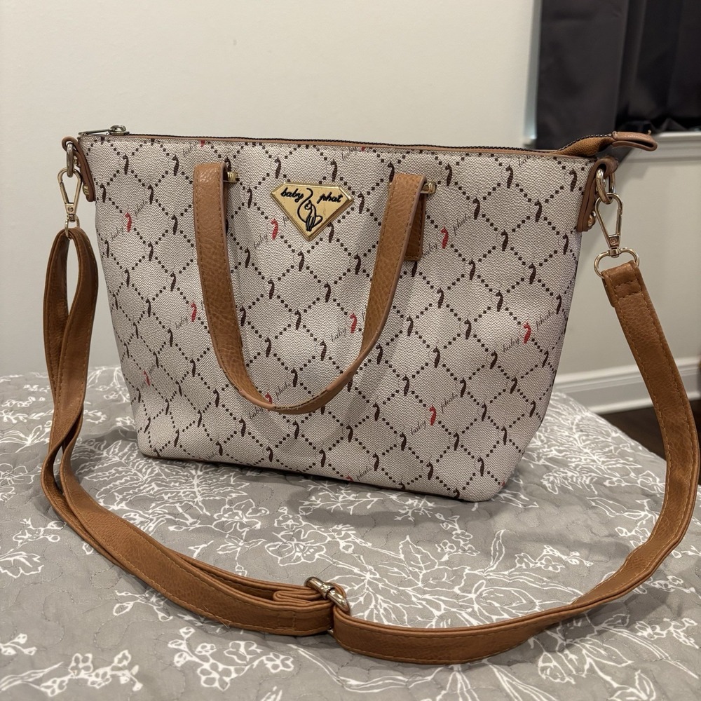 Baby Phat Monogram Hand Shoulder Purse Bag Cream Brown Cat Logo Y2K